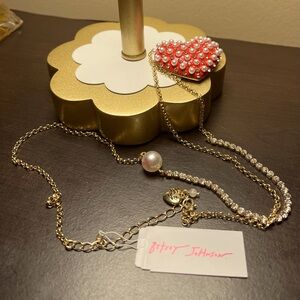 Betsey Johnson Faux Pearl & pink Rhinestones Red Heart necklace NWT